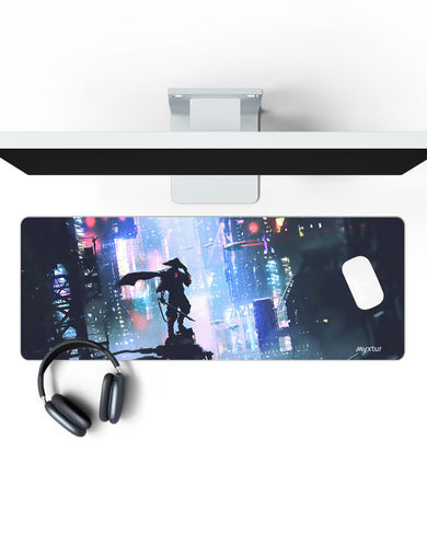 Last Samurai in a Cyberpunk World Panaroma Desk Mat