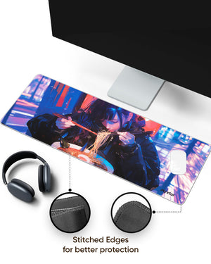 Cyberpunk Ramen Girl Panaroma Desk Mat Stitched 1