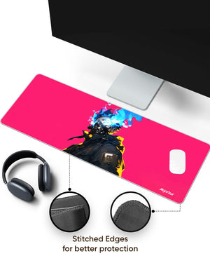 Masked Cyberpunk Boy in Neon Panaroma Desk Mat Stitched 1