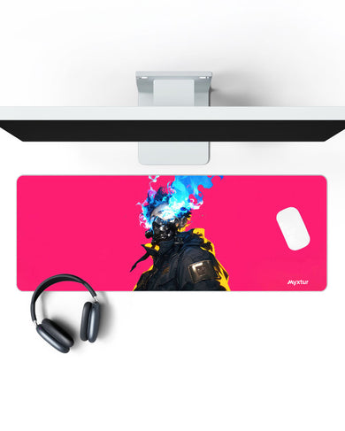 Masked Cyberpunk Boy in Neon Panaroma Desk Mat