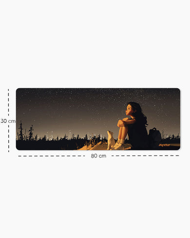 Starry Night with Girl & Cat Panaroma Desk Mat