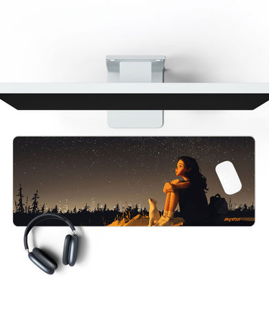 Starry Night with Girl & Cat Panaroma Desk Mat
