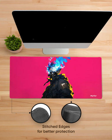 Masked Cyberpunk Boy in Neon EdgeGuard Desk Mat