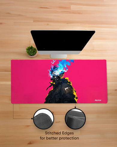 Masked Cyberpunk Boy in Neon EdgeGuard Desk Mat