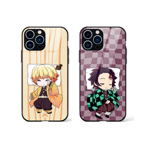 Kawaii Demon Slayer Tanjiro and Zenitsu Glass Case Phone Cover Combo-(Apple)