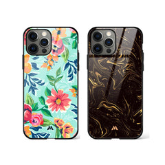 Black Gold Marble Flower Print Glass Case Phone Cover Combo (Apple)