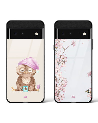 Flowers on Marble Sleepy Owl Glass Case Phone Cover Combo-(Google)