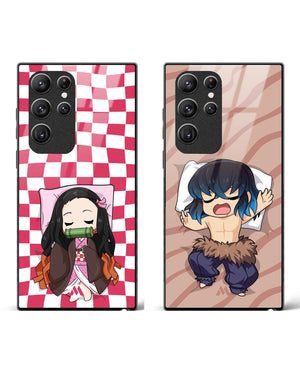 Kawaii Inosuke Nezuko Glass Case Phone Cover Combo-(Samsung)