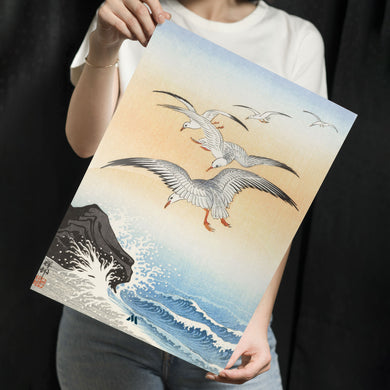 Five Seagulls Above Turbulent Sea [Ohara Koson] Metal-Poster